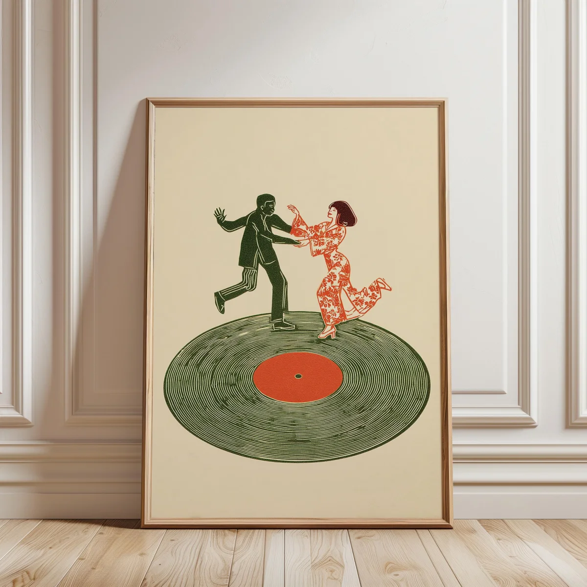 Plakat retro z gramofonem i tańczącą parą Burgundia