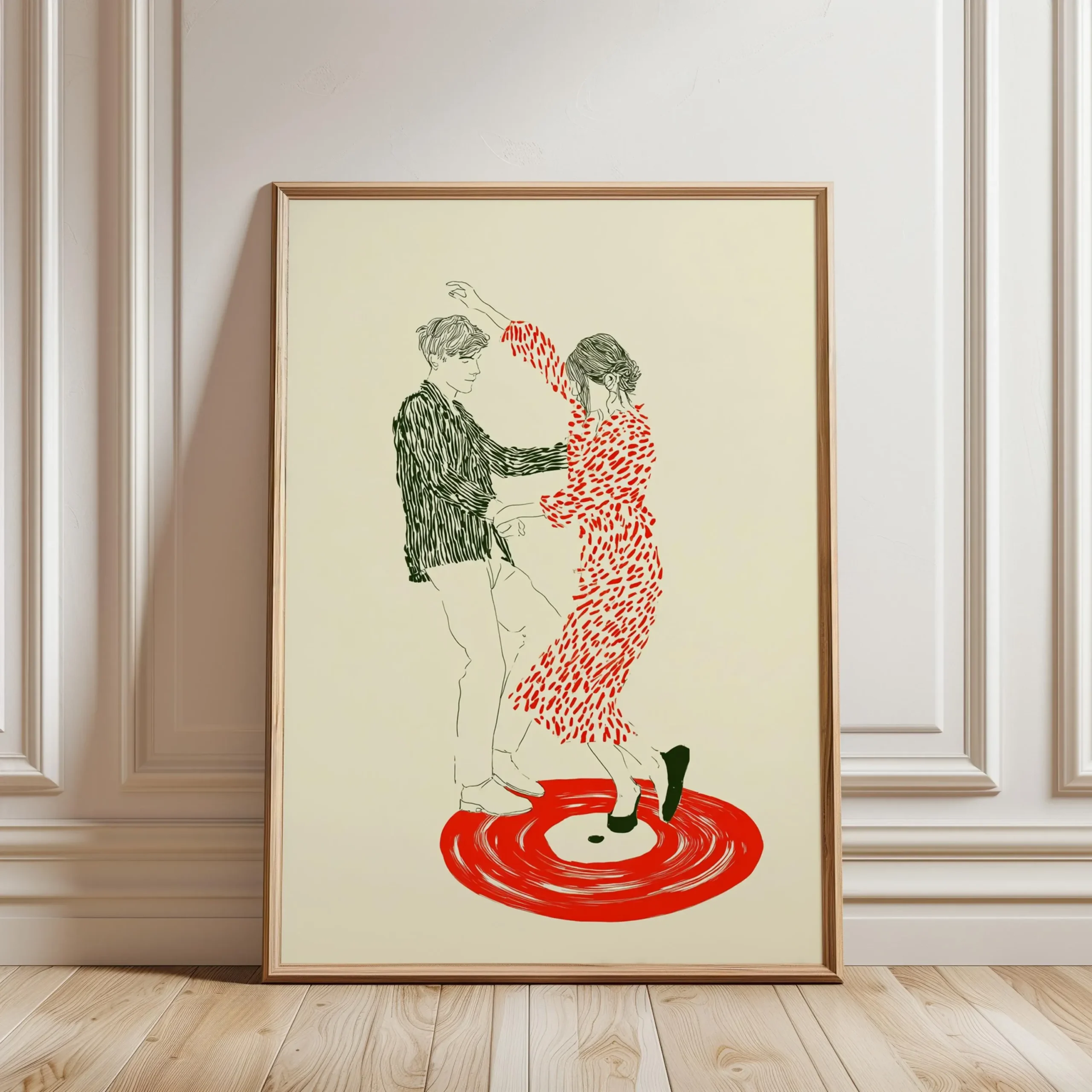 Plakat retro z gramofonem i tańczącą parą Czerwony