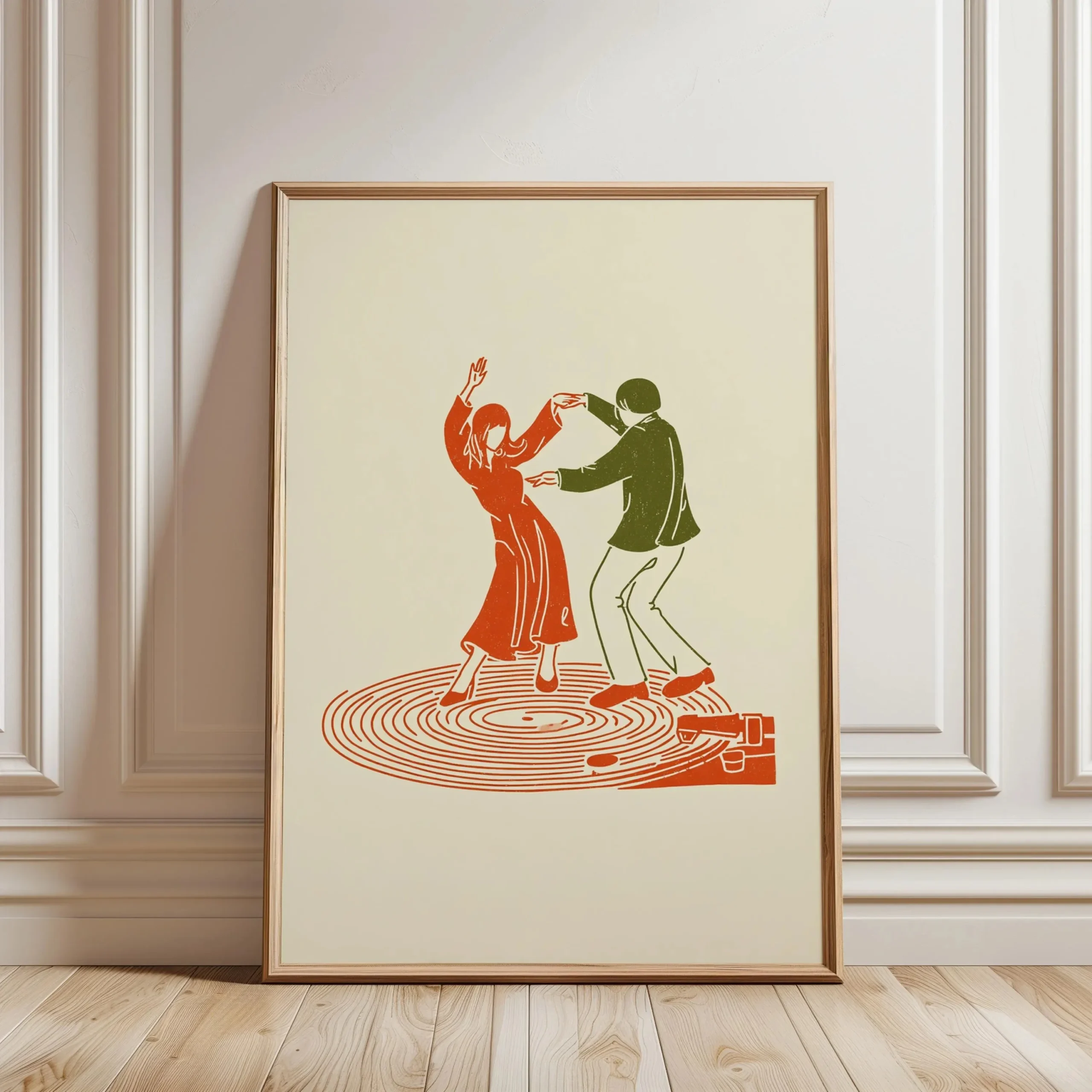 Plakat retro z gramofonem i tańczącą parą Jasnożółty