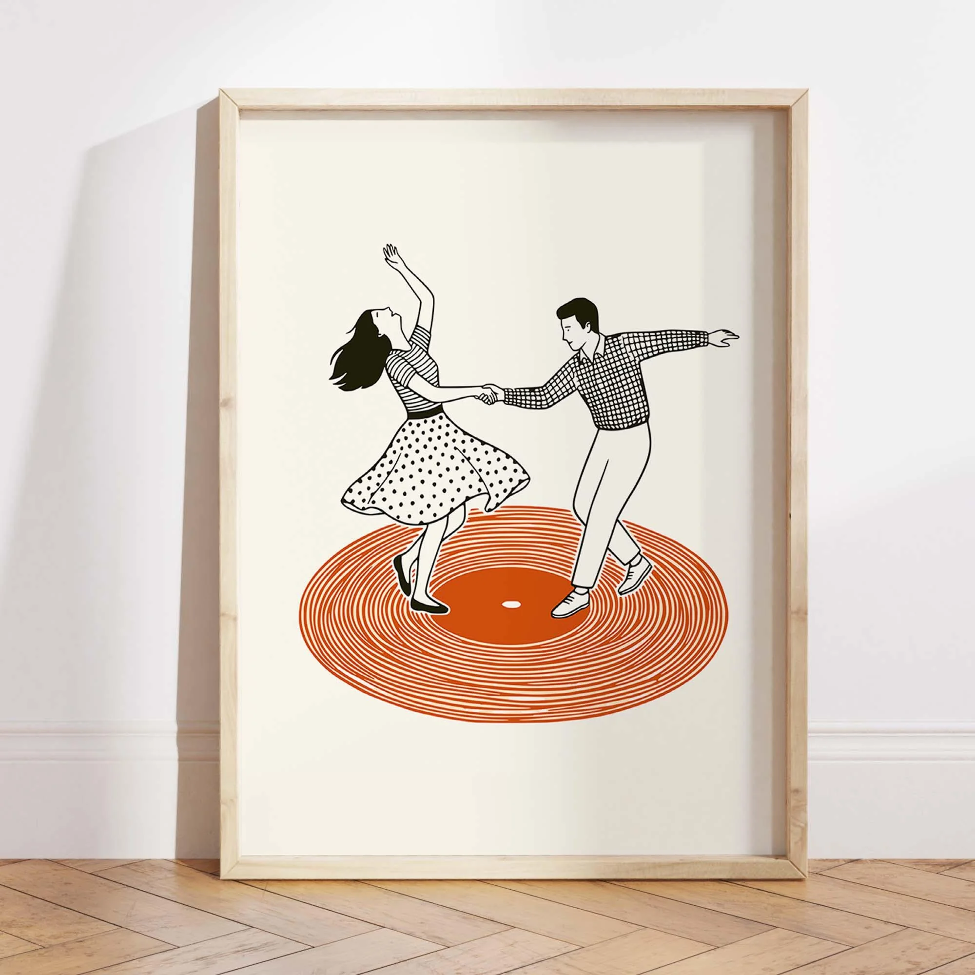 Plakat retro z gramofonem i tańczącą parą Zielony