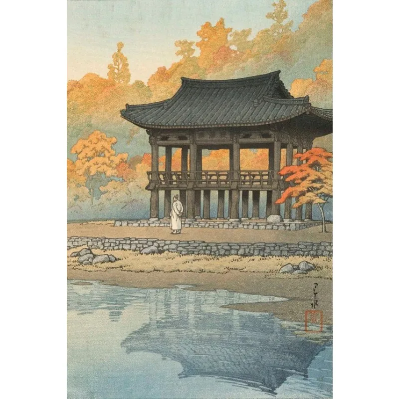 Plakat retro Japonia - góra Fudżi i sakura Beżowy