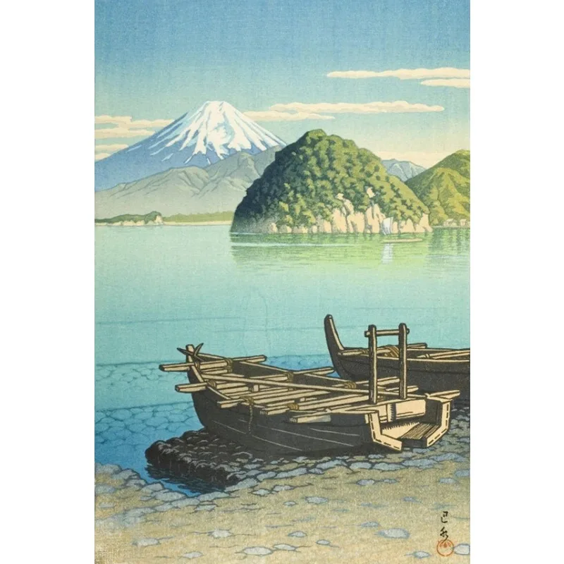 Plakat retro Japonia - góra Fudżi i sakura Brązowy
