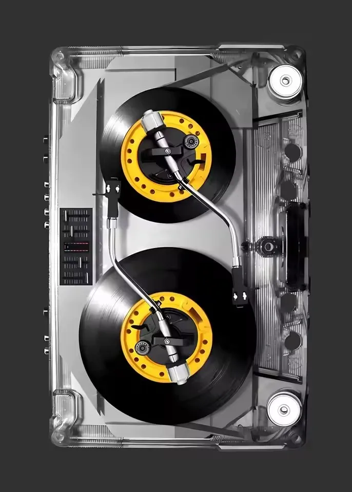 Plakat retro kaseta i gramofon Biały
