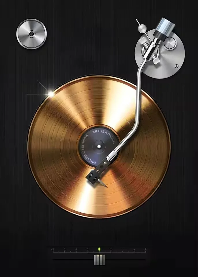 Plakat retro kaseta i gramofon Szary