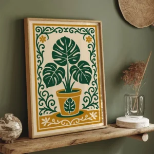 Plakat retro z kwiatowym motywem Złoto