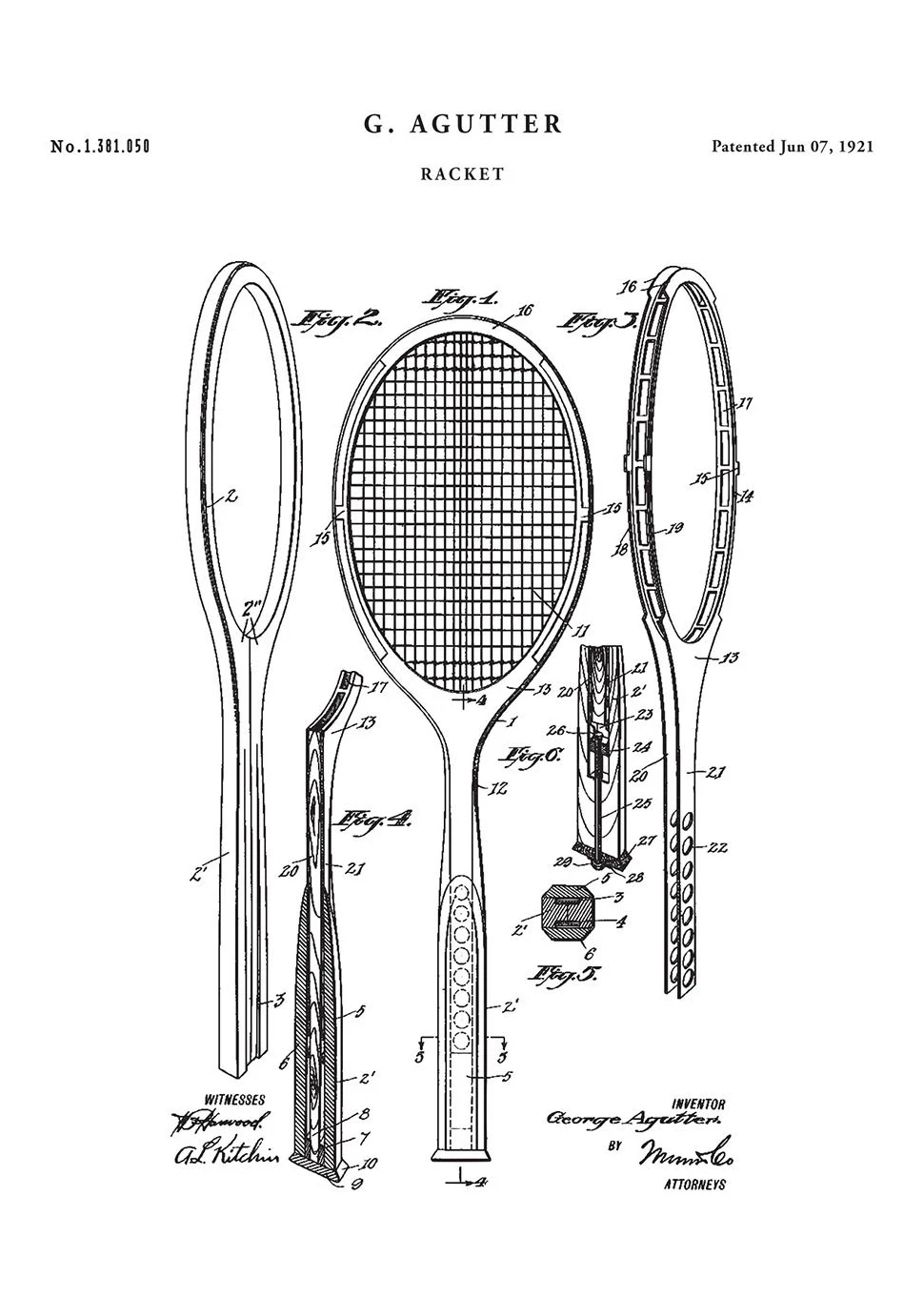 Plakat retro patent rakiety tenisowej 1921 Biały