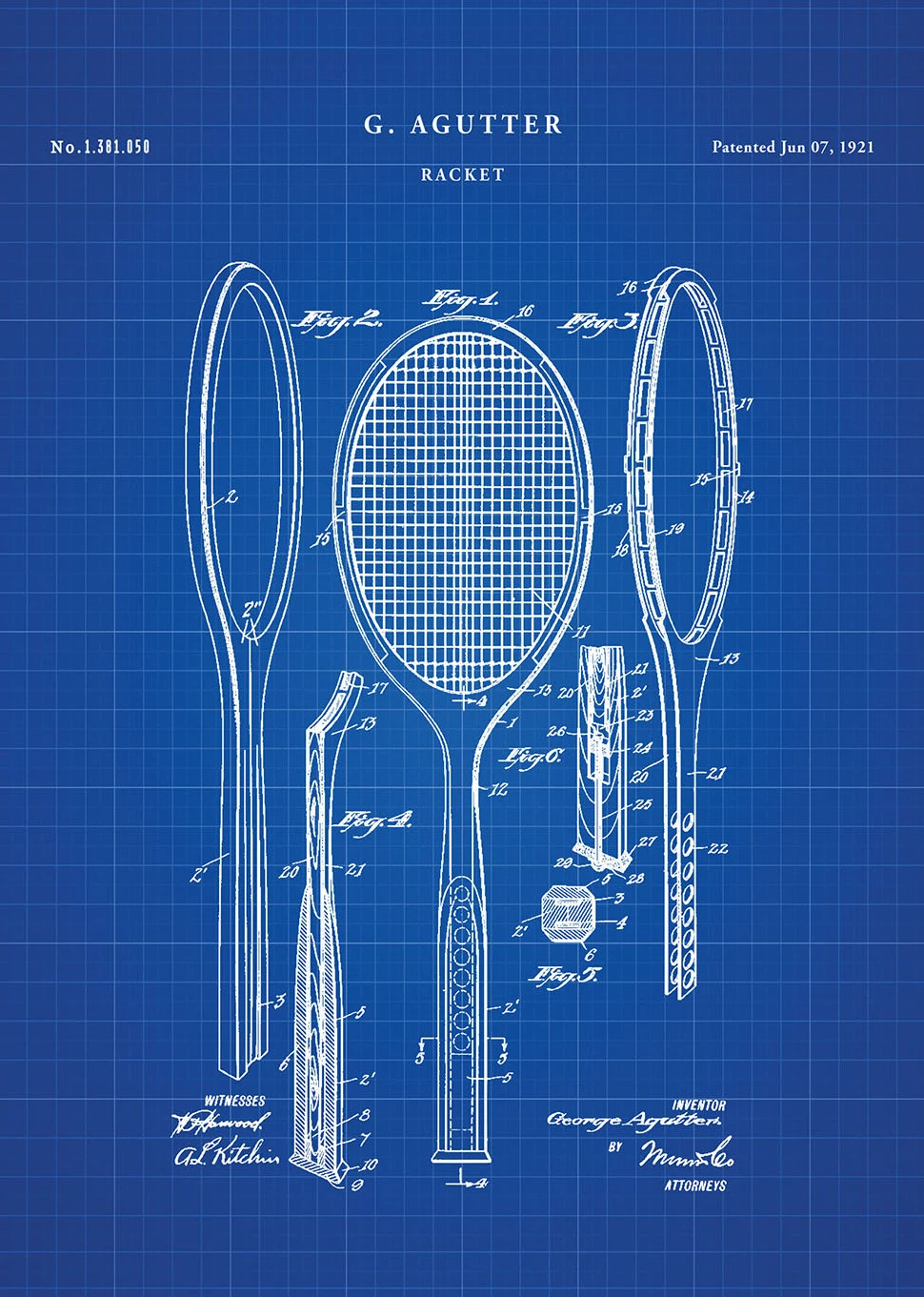 Plakat retro patent rakiety tenisowej 1921 Burgundia