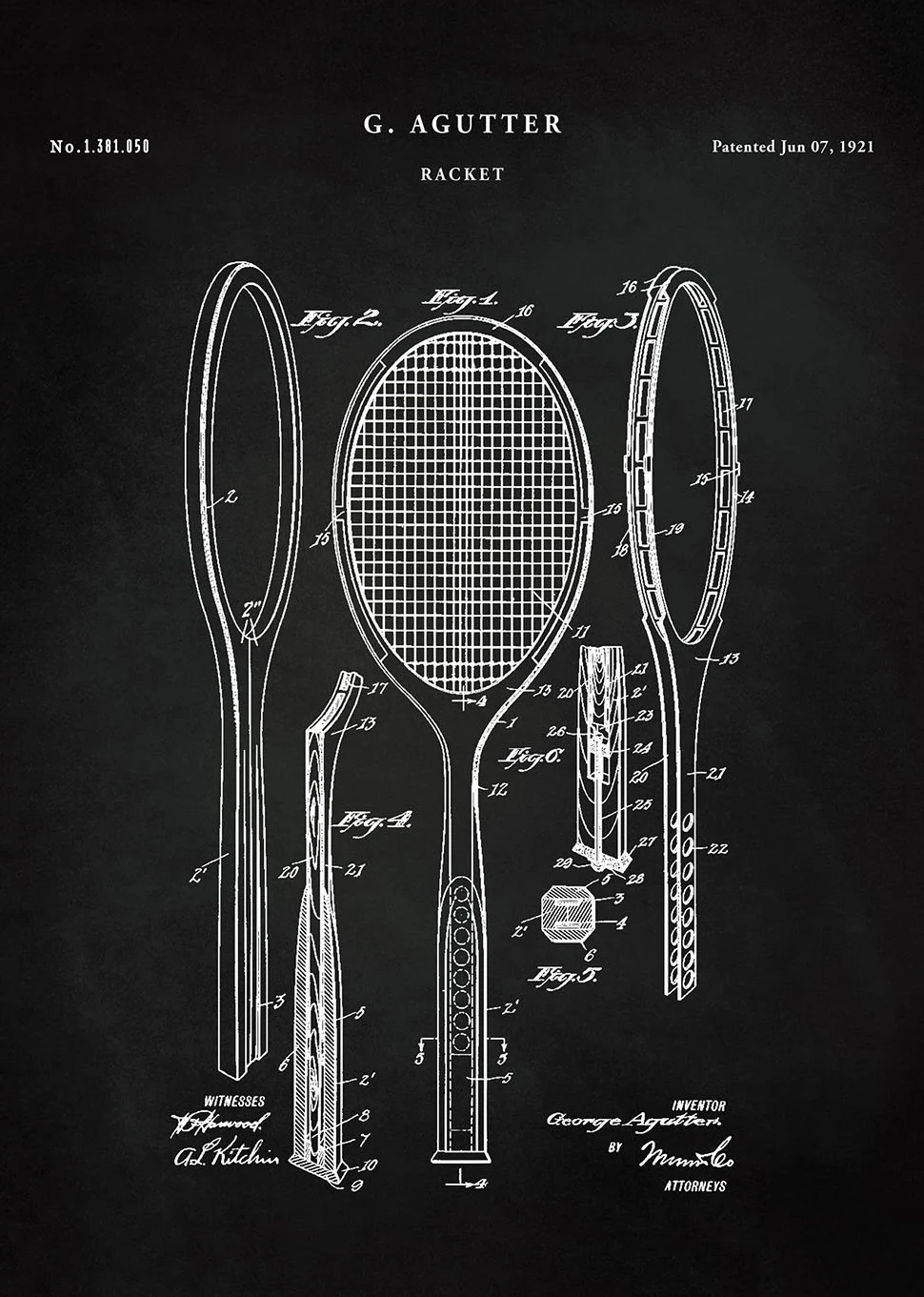 Plakat retro patent rakiety tenisowej 1921 Czerwony