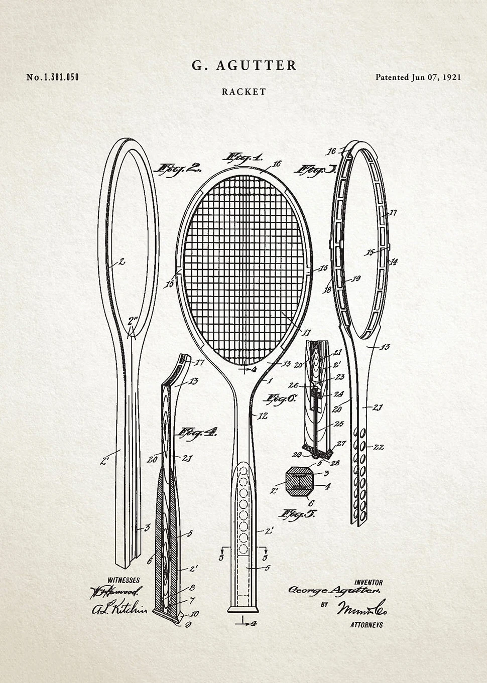 Plakat retro patent rakiety tenisowej 1921 żółty