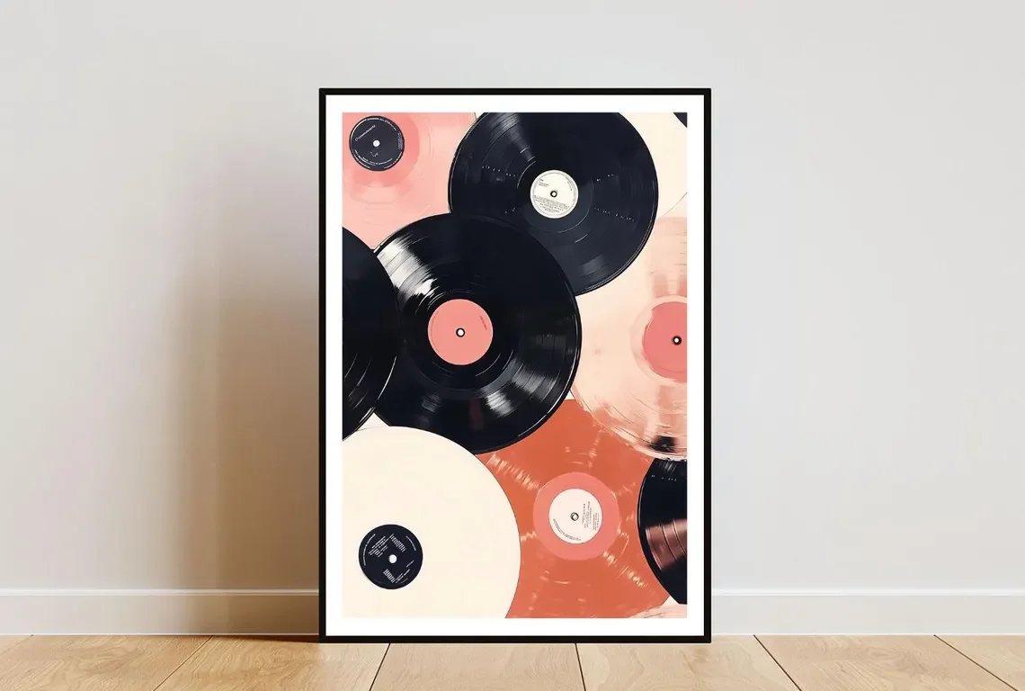 Plakat retro z płytą winylową Szary