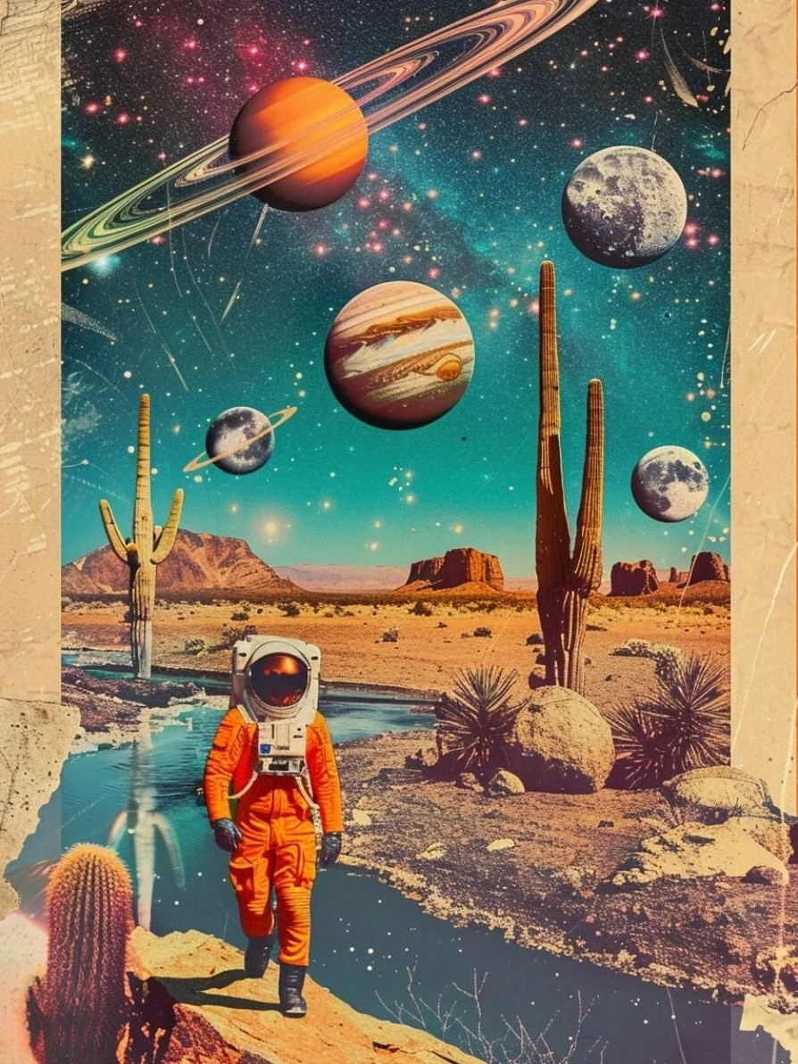 Plakat retro podroze kosmiczne astronauta Czerwony