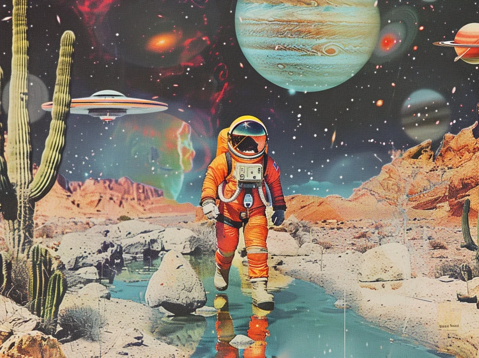 Plakat retro podroze kosmiczne astronauta Fioletowy