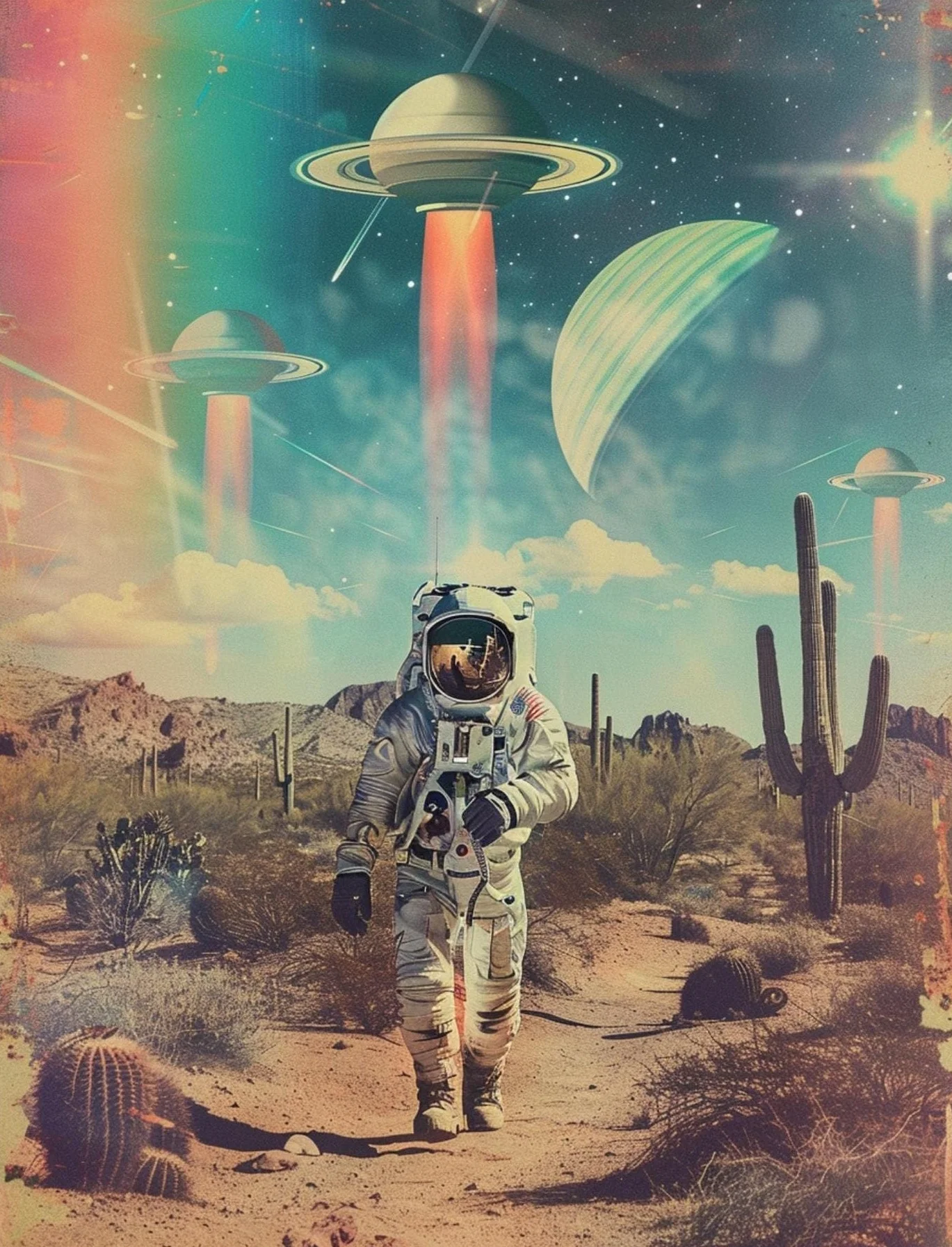 Plakat retro podroze kosmiczne astronauta Niebieski