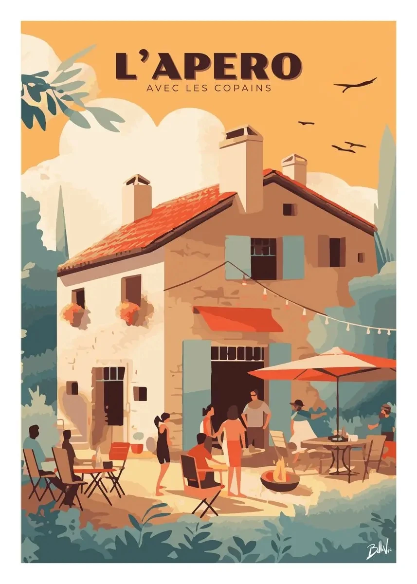 Plakat retro podróżniczy prowansalskie miasteczko żółty