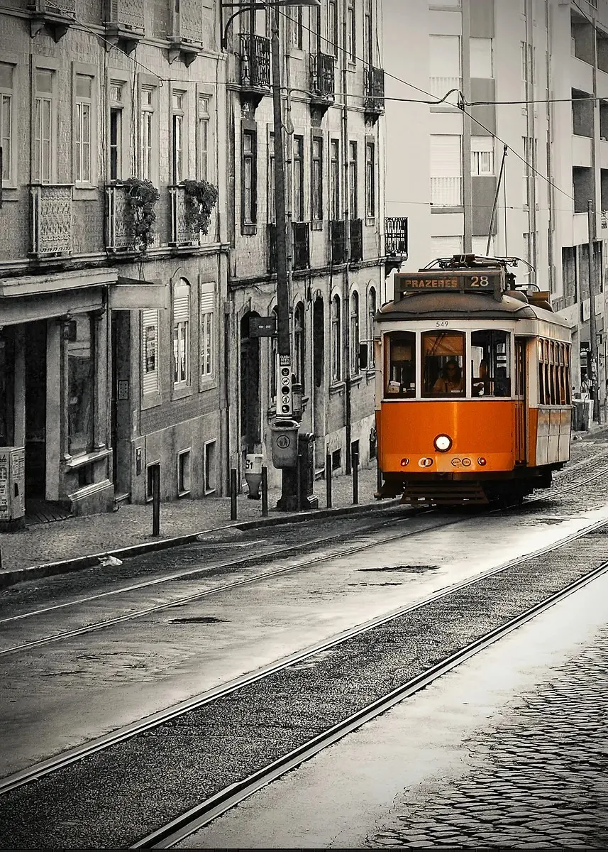 Plakat retro żółta taksówka i tramwaj czarno-biały Zielony
