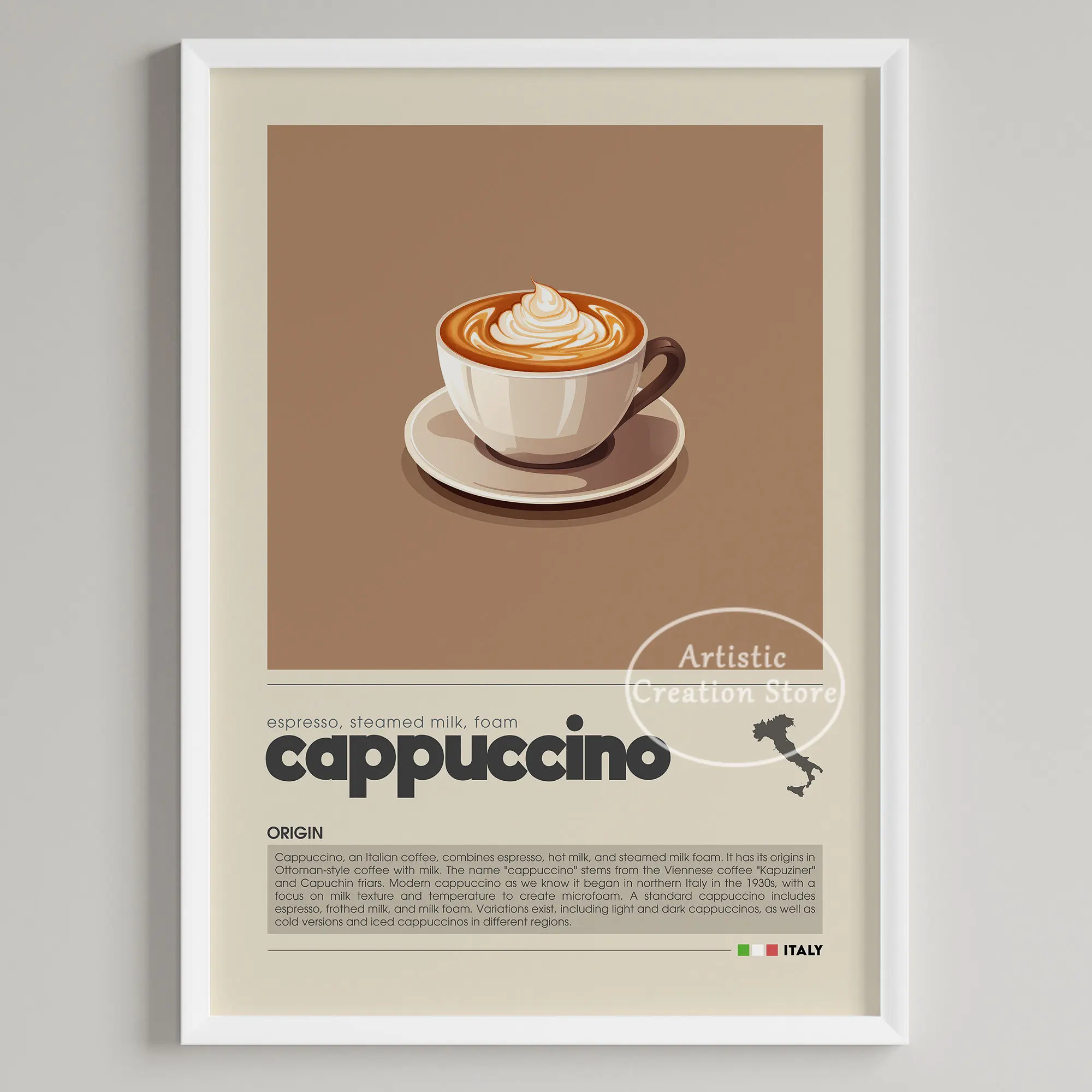 Espresso, cappuccino, latte - plakat do kuchni Jasnoszary