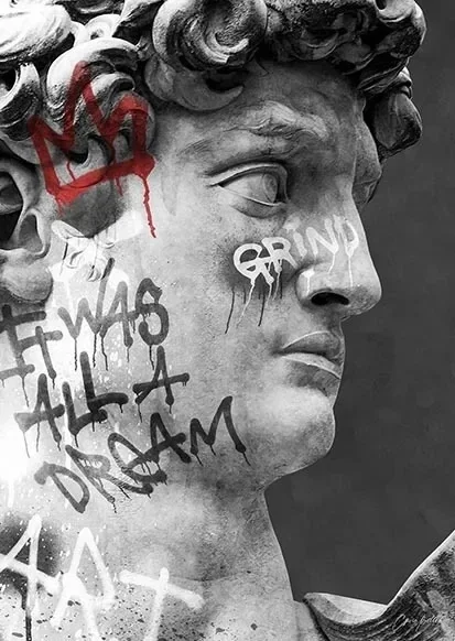 Plakat rzeźba antyczna z graffiti Biały