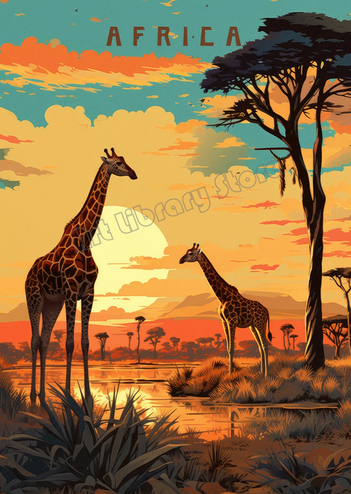 Safari żyrafa – retro plakat podróżniczy Fioletowy