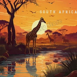 Safari żyrafa – retro plakat podróżniczy Jasnoszary