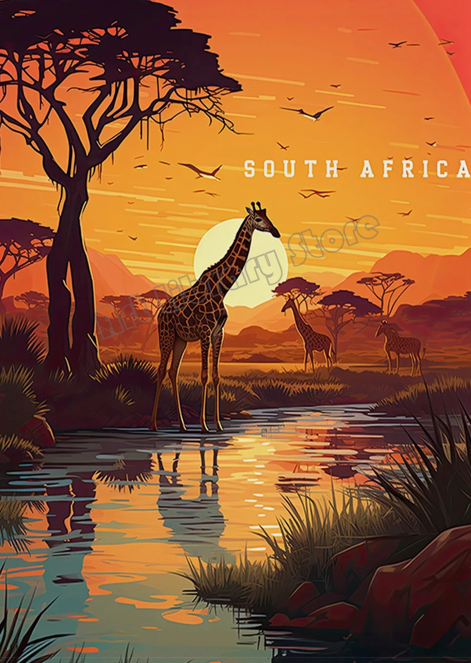 Safari żyrafa – retro plakat podróżniczy Jasnoszary