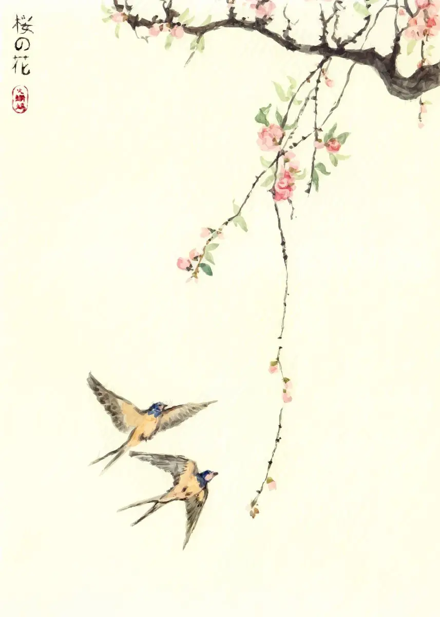 Japońska akwarela sakura z ptakiem Burgundia