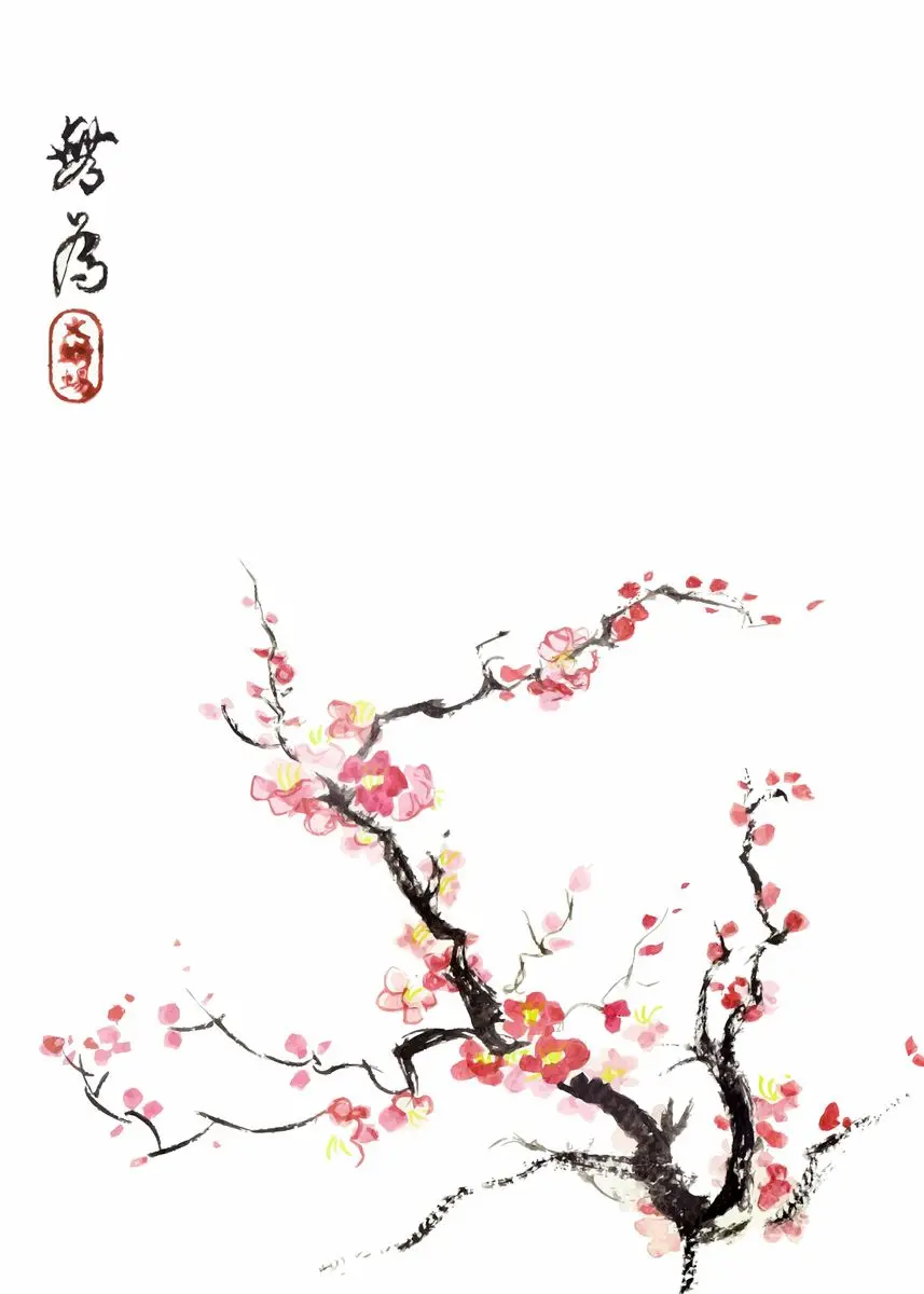 Japońska akwarela sakura z ptakiem Czarny