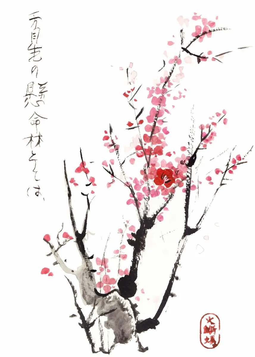 Japońska akwarela sakura z ptakiem Zielony