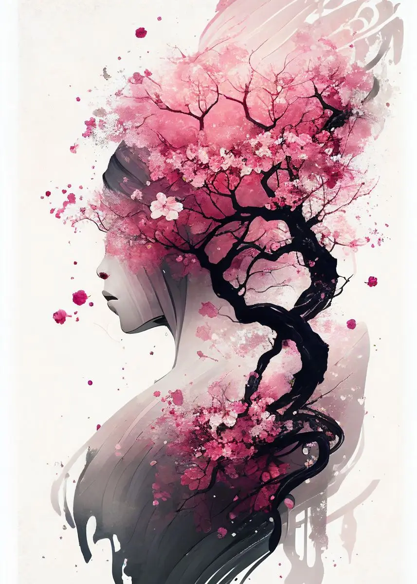 Kwitnąca wiśnia Sakura akwarela Biały