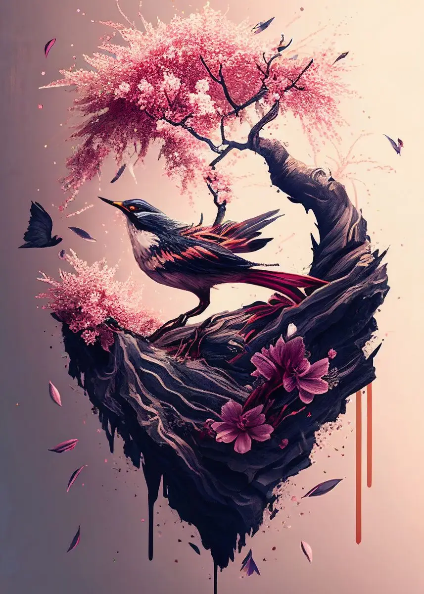 Kwitnąca wiśnia Sakura akwarela Burgundia