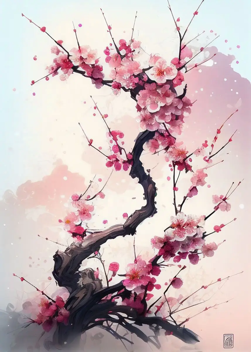 Kwitnąca wiśnia Sakura akwarela Czerwony