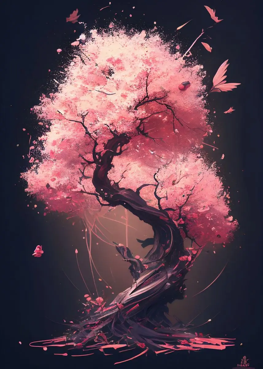 Kwitnąca wiśnia Sakura akwarela Jasnoszary