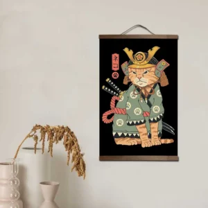 Samuraj kot i królik - japoński plakat na zwoju Biały