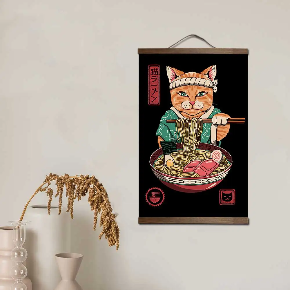 Samuraj kot i królik - japoński plakat na zwoju Burgundia