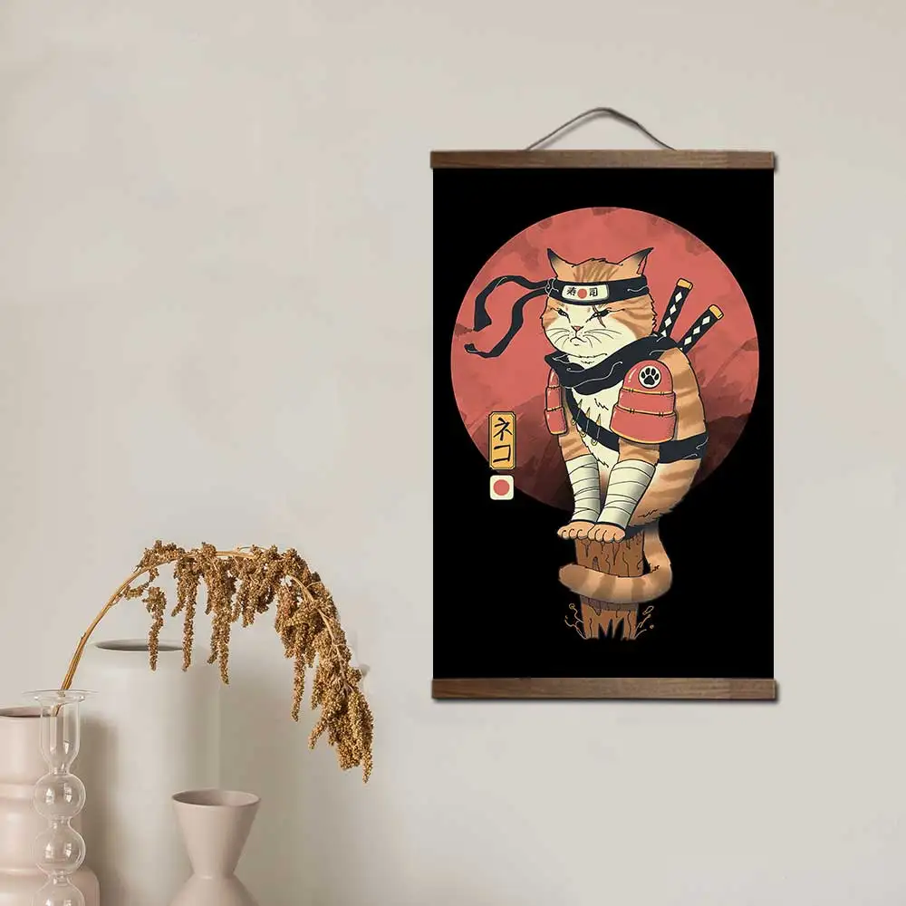 Samuraj kot i królik - japoński plakat na zwoju Czerwony