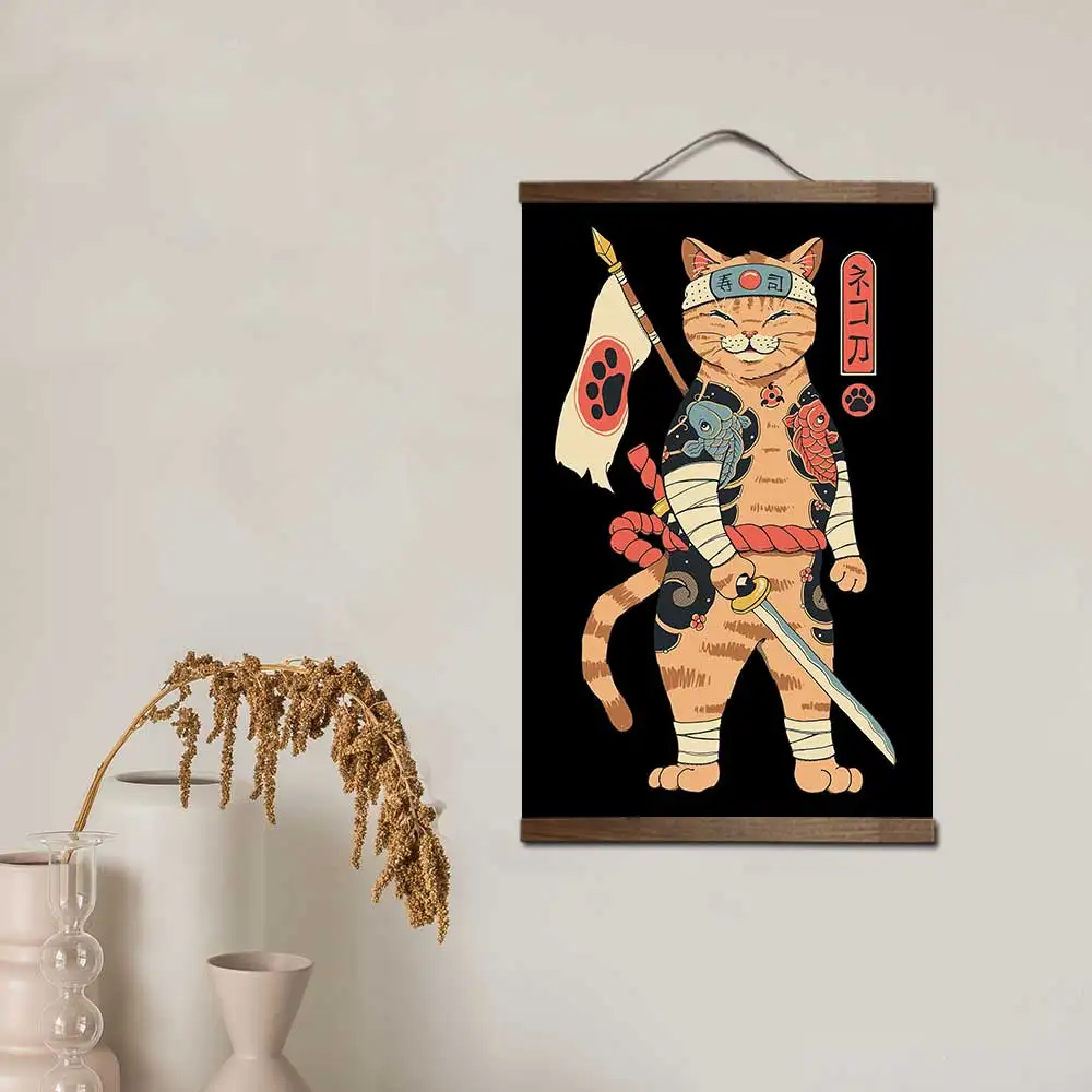 Samuraj kot i królik - japoński plakat na zwoju Fioletowy