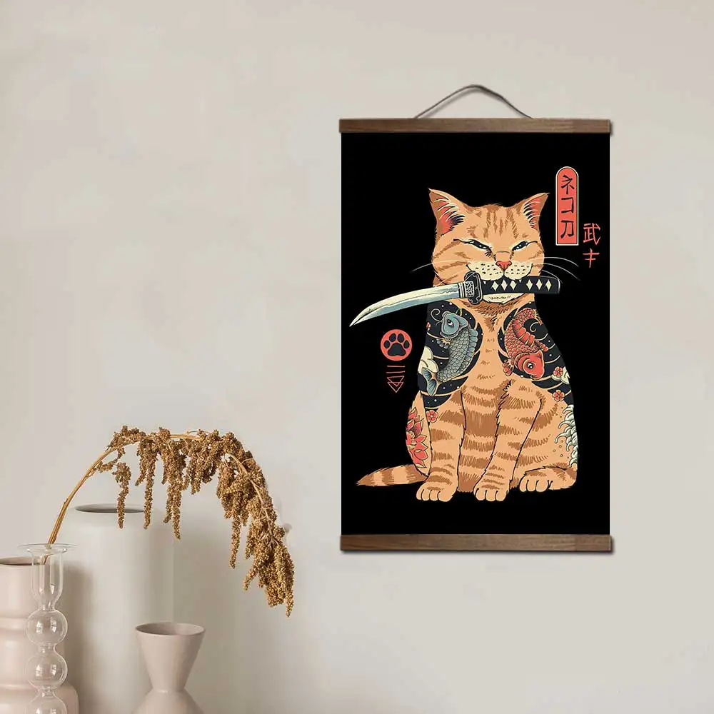 Samuraj kot i królik - japoński plakat na zwoju Jasnoszary