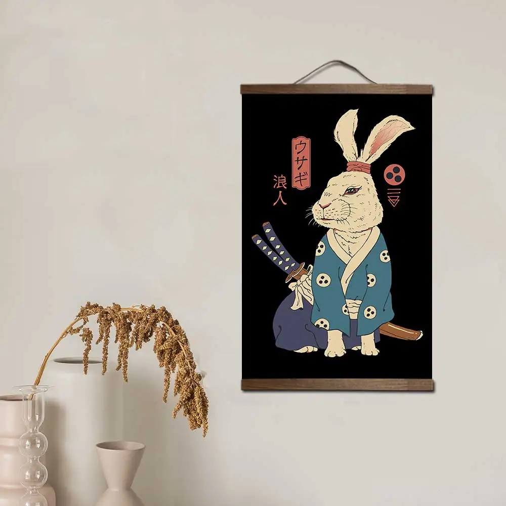 Samuraj kot i królik - japoński plakat na zwoju Zielony