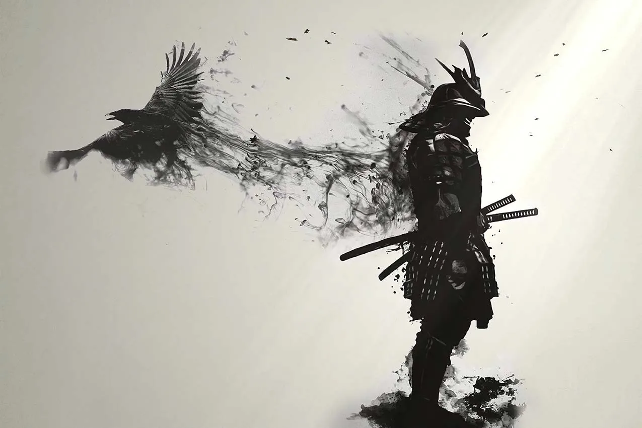 Japoński samuraj z krukiem czarno-biały plakat Biały