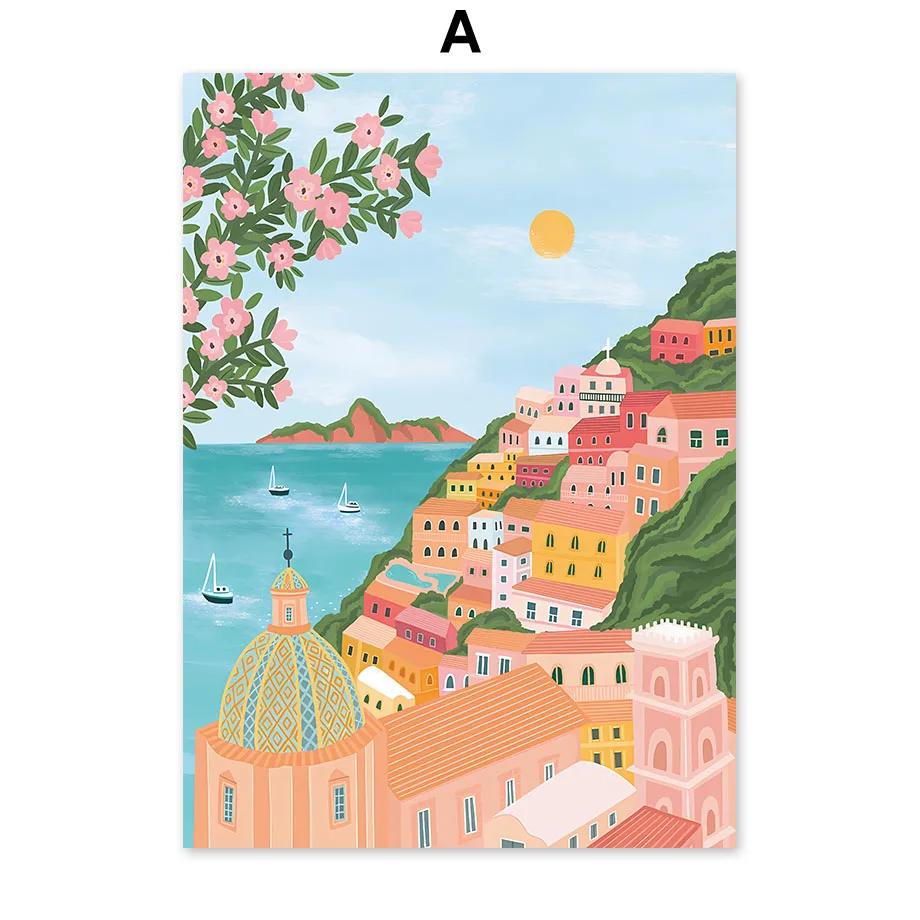 Plakat Santorini cytryny i kwiaty lato Biały