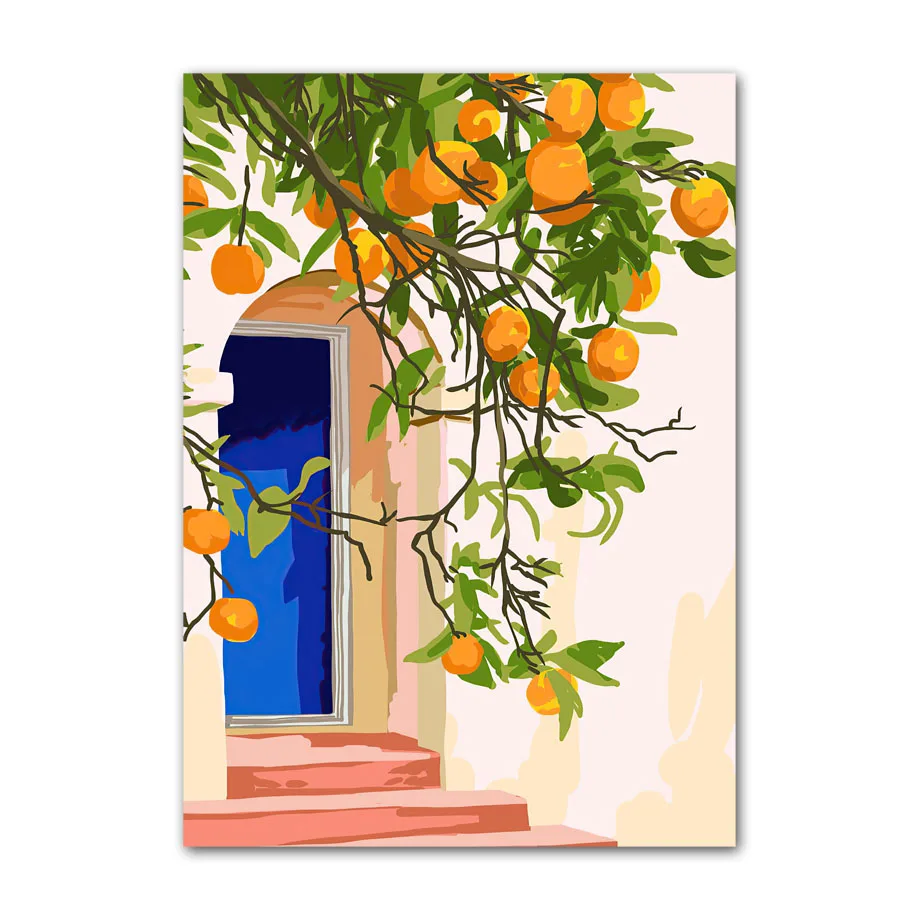 Plakat Santorini cytryny i kwiaty lato Khaki
