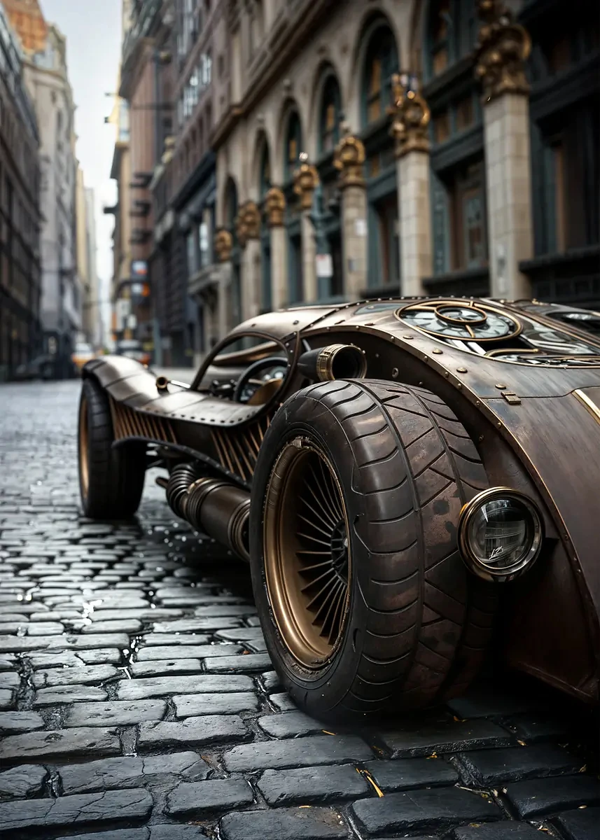 Plakat steampunk miasto industrialne Biały