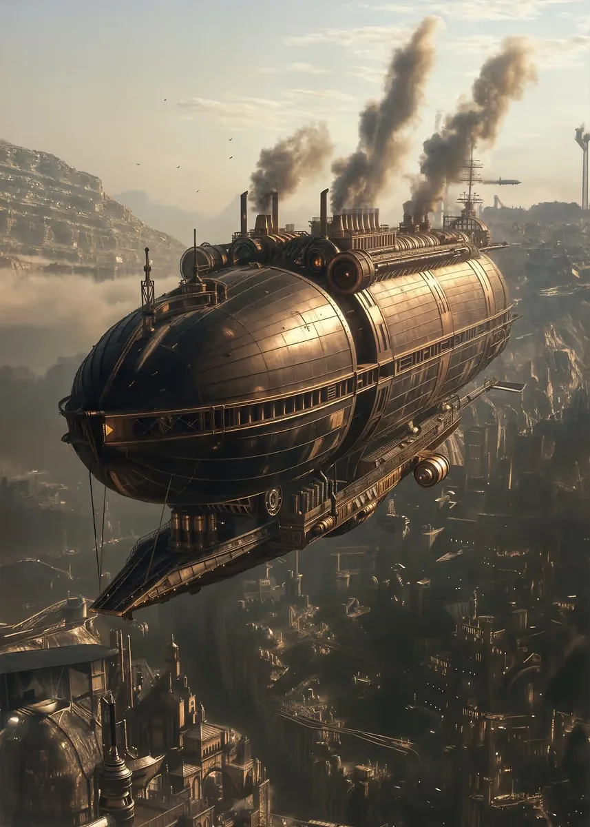 Plakat steampunk miasto industrialne Czarny