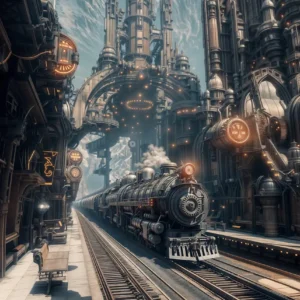 Plakat steampunk miasto industrialne Fioletowy