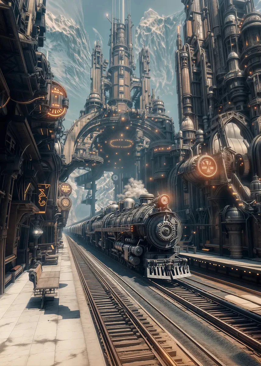 Plakat steampunk miasto industrialne Fioletowy