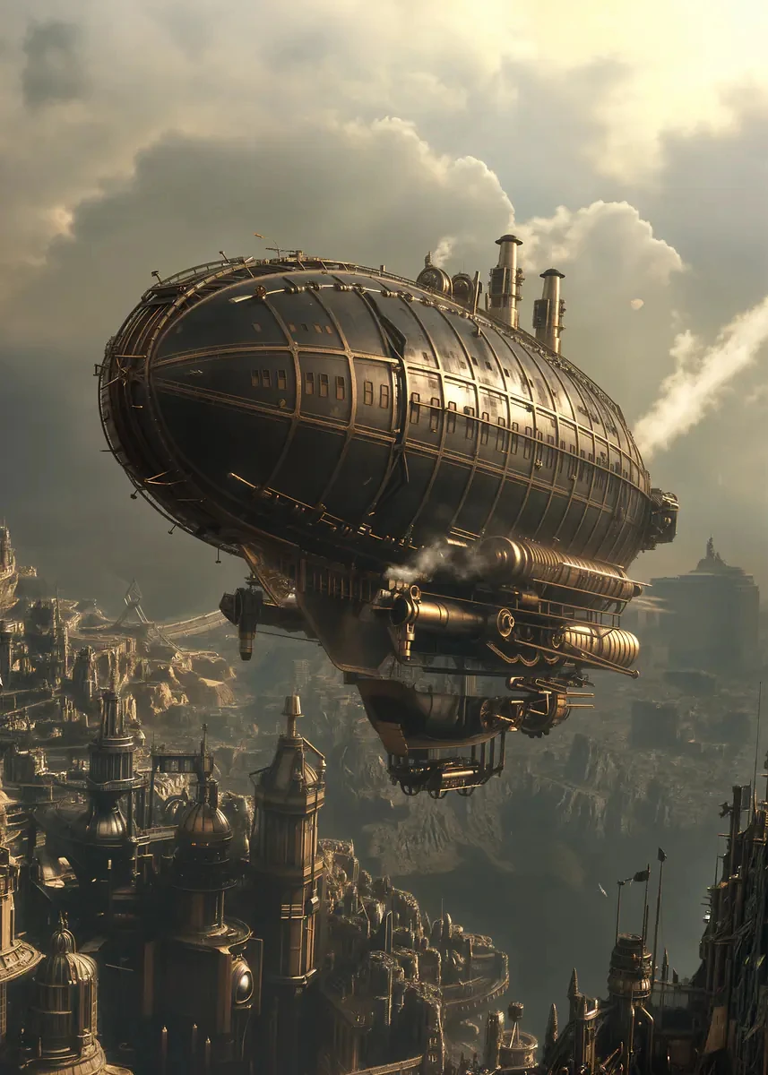 Plakat steampunk miasto industrialne Granatowy