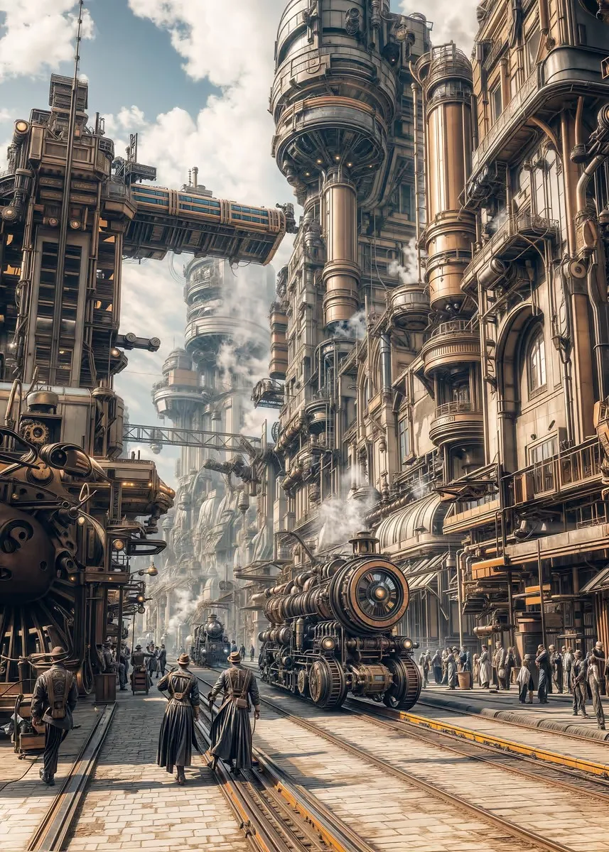 Plakat steampunk miasto industrialne Jasny