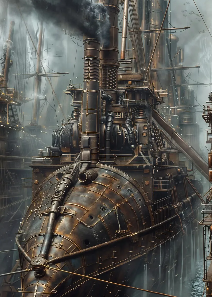 Plakat steampunk miasto industrialne Niebieski