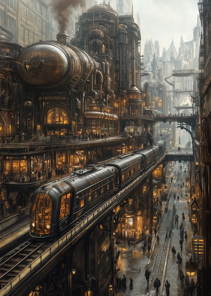 Plakat steampunk miasto industrialne Pomarańczowy