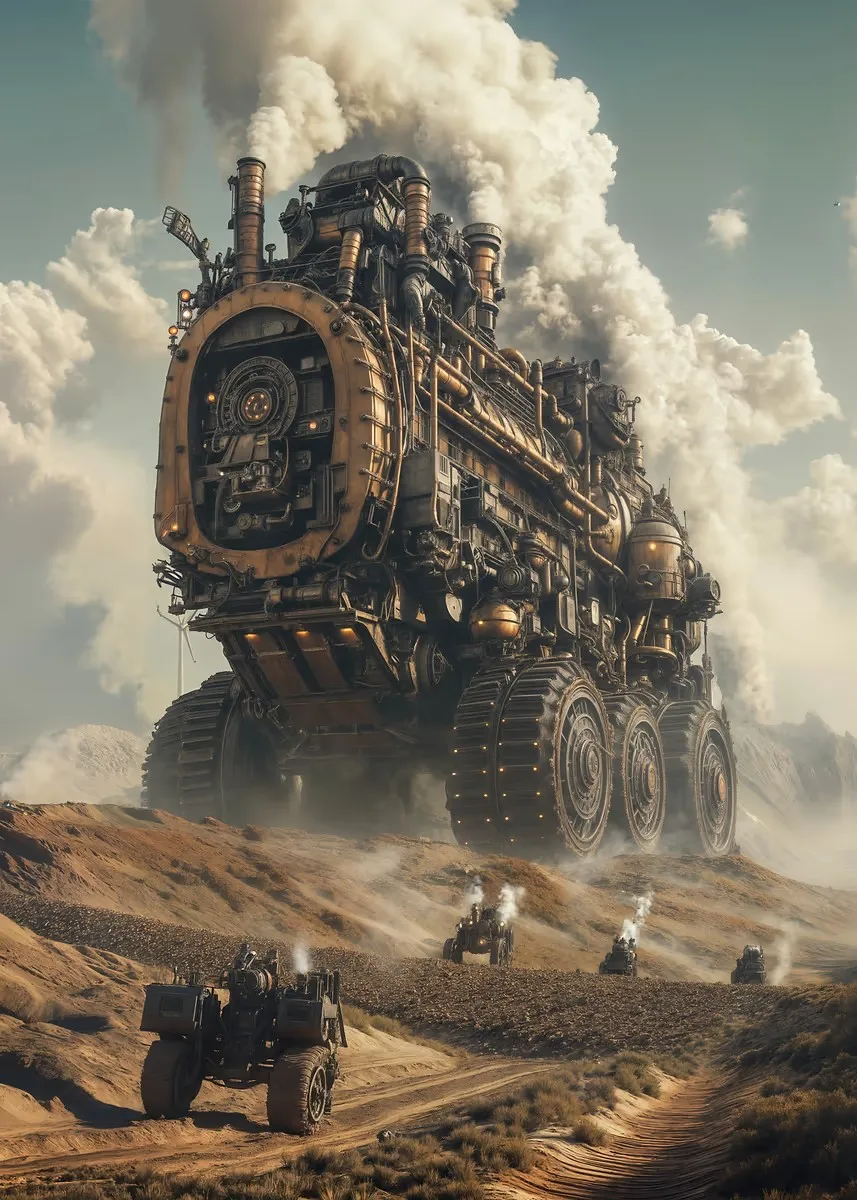 Plakat steampunk miasto industrialne Wielo