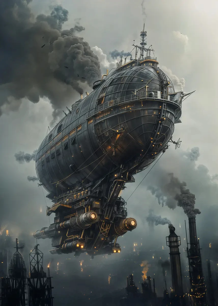 Plakat steampunk miasto industrialne Zielony